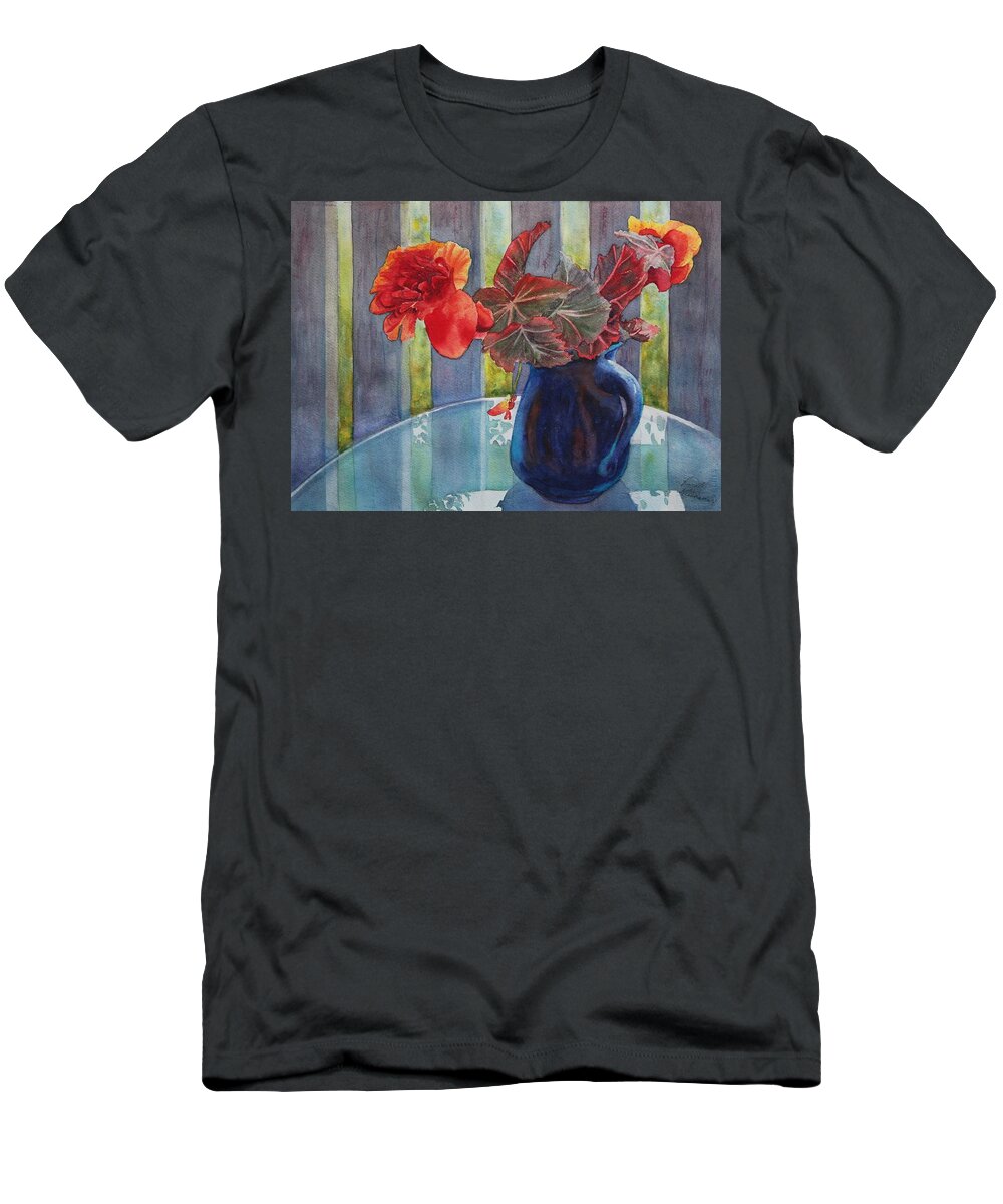Blue Jug T-Shirt featuring the painting Nancy's Begonias by Ruth Kamenev