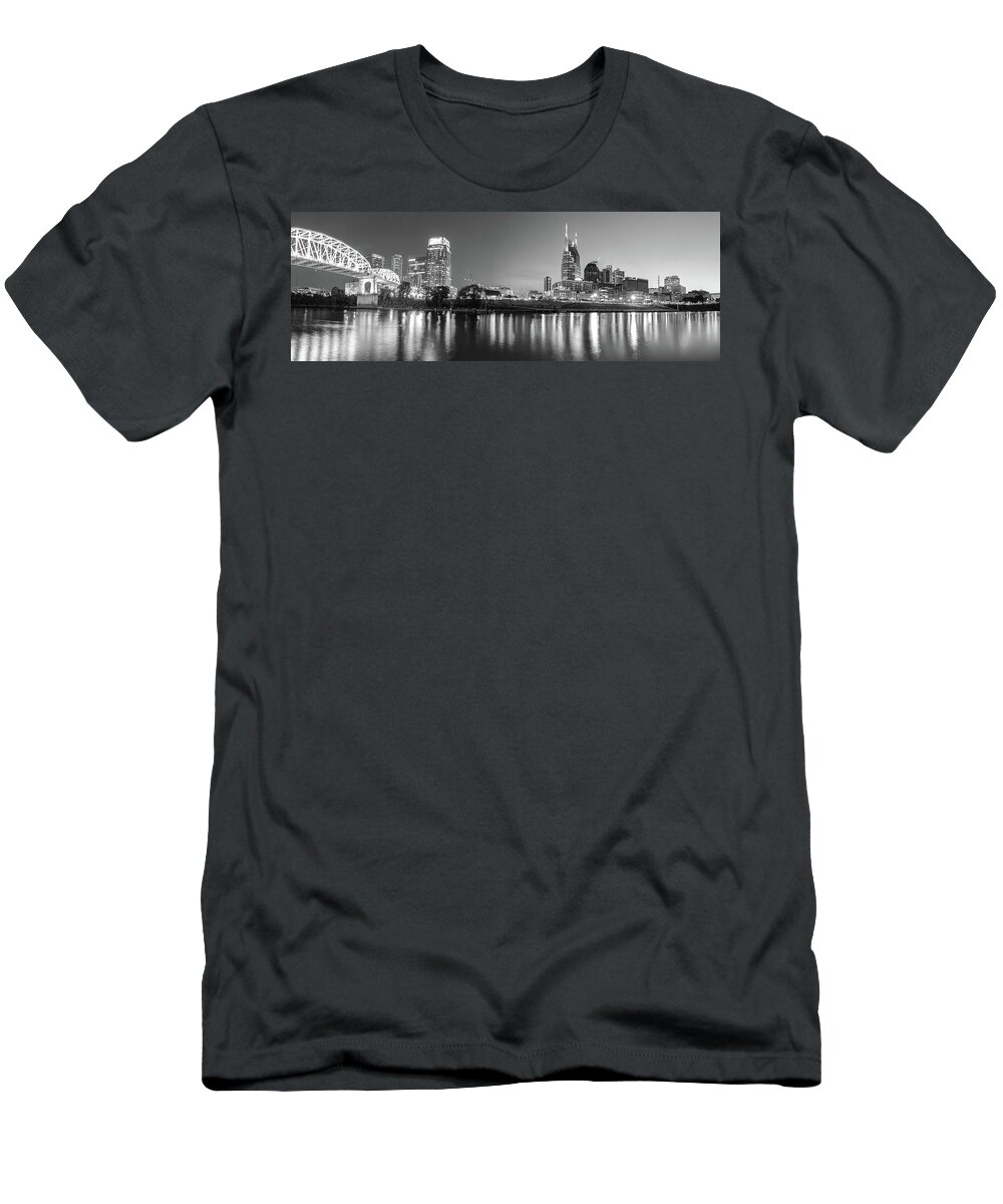 America T-Shirt featuring the photograph Nashville Night Skyline Panorama in Black and White by Gregory Ballos