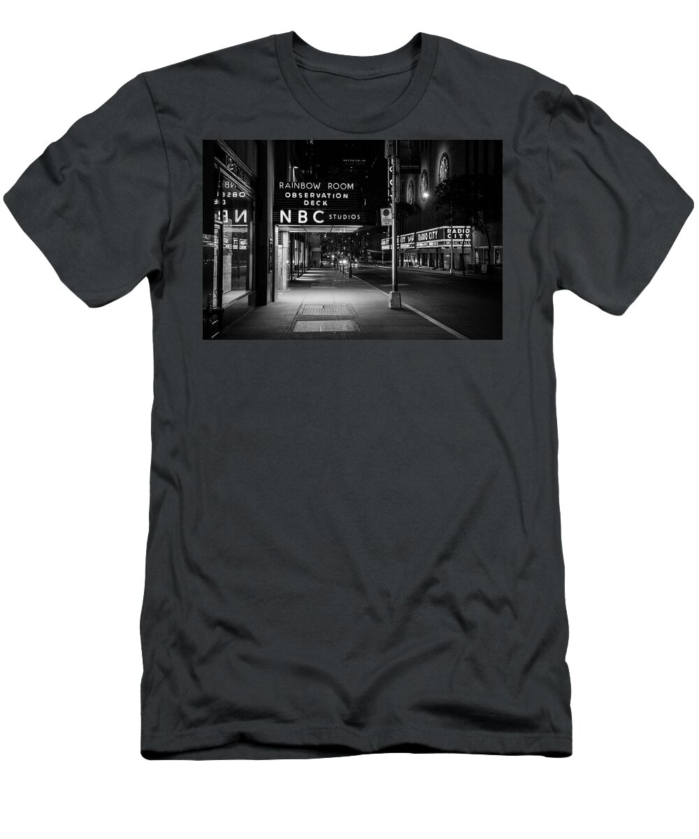 Nyc T-Shirt featuring the photograph NBC Studios Rockefeller Center NYC Black and White by John McGraw