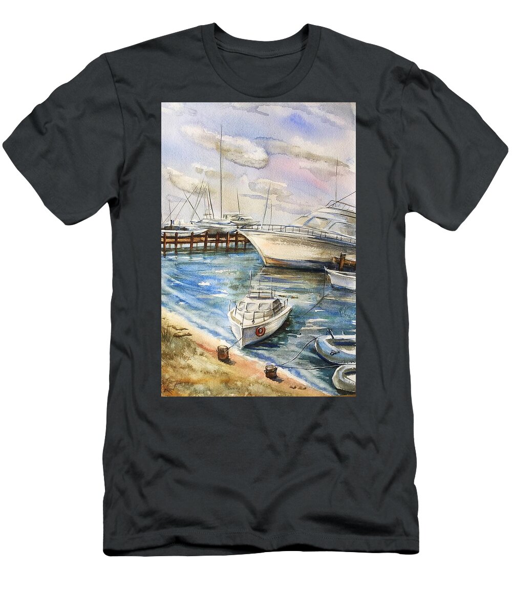 Harbour T-Shirt featuring the painting Near the harbour 2 by Katerina Kovatcheva