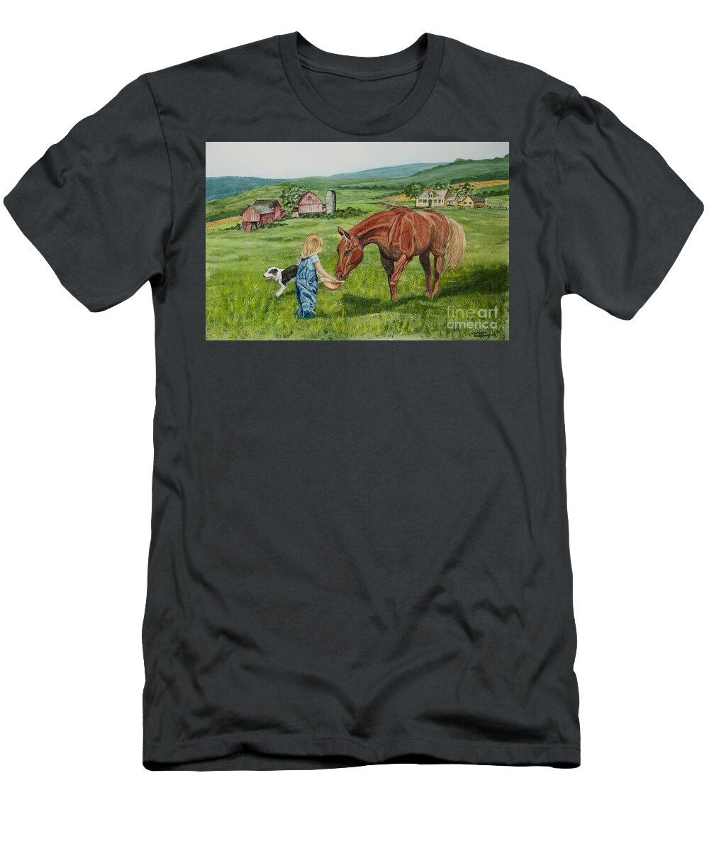 Country Kids Art T-Shirt featuring the painting New Friends by Charlotte Blanchard