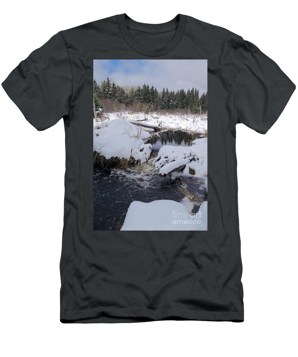Beaver Pond T-Shirt featuring the photograph New Snow on Beaver Pond by Sandra Updyke