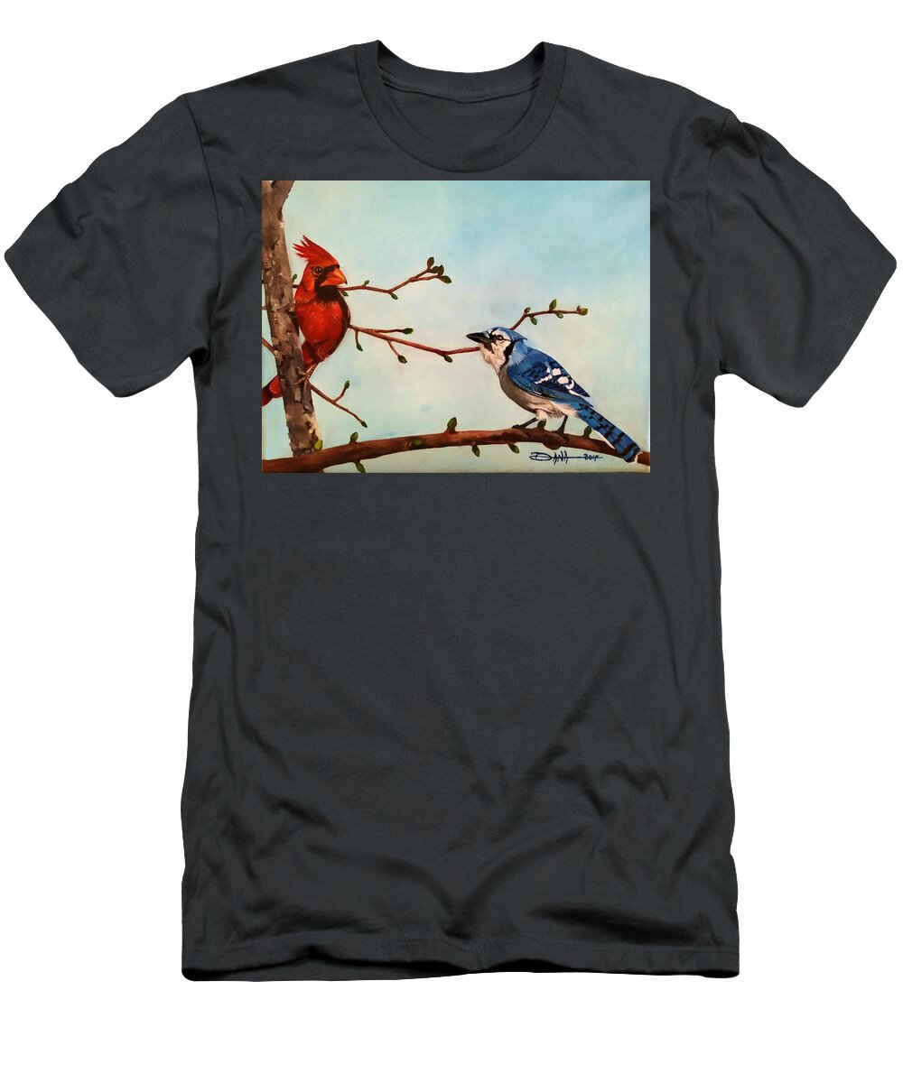Birds T-Shirt featuring the painting New buds of spring by Dana Newman