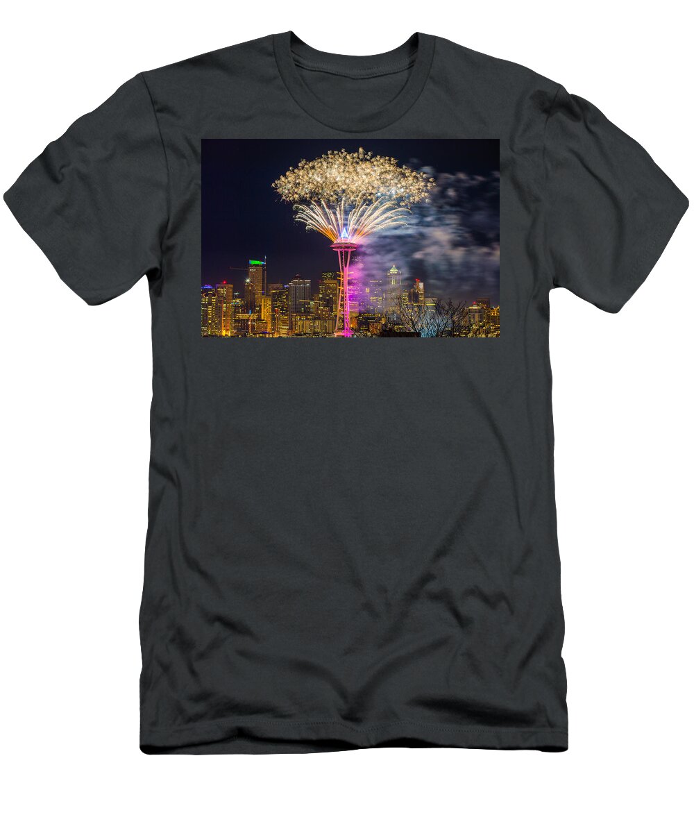  Fireworks T-Shirt featuring the photograph New Year Fireworks - Seattle by Hisao Mogi