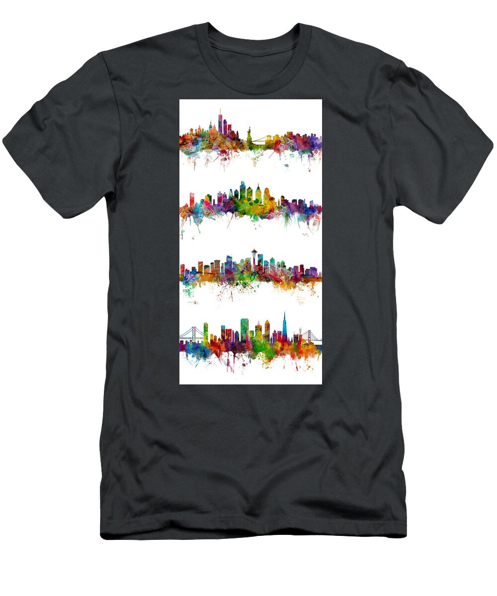 New York Skyline T-Shirt featuring the digital art New York, Philadelphia, Seattle and San Francisco Skylines by Michael Tompsett