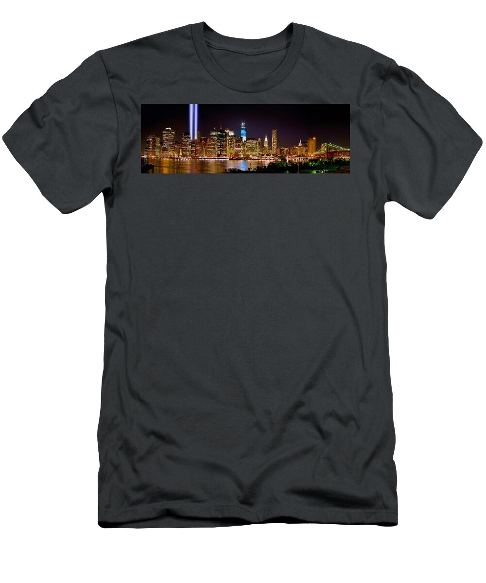 #faatoppicks T-Shirt featuring the photograph New York City Tribute in Lights and Lower Manhattan at Night NYC by Jon Holiday