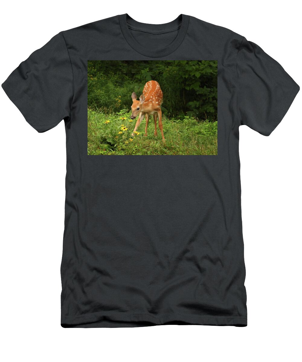 Deer T-Shirt featuring the photograph Nibbling on the Wildflowers by Duane Cross