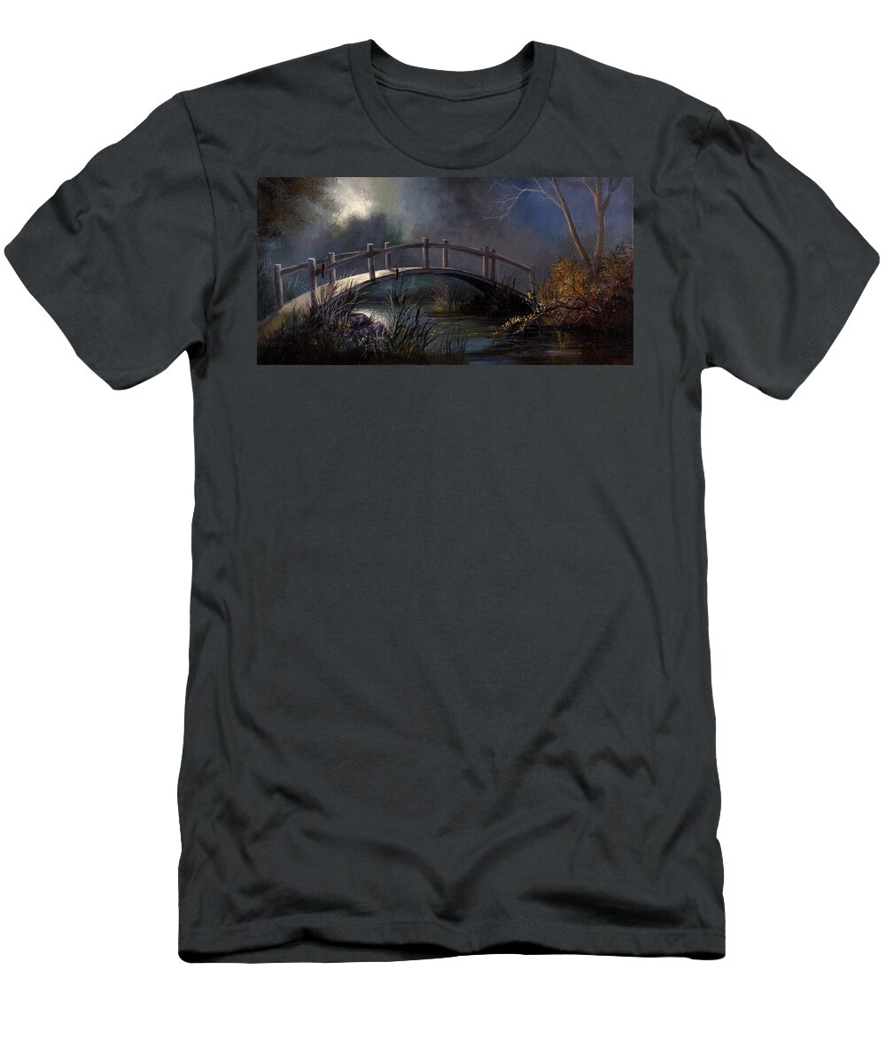 Lynne Pittard T-Shirt featuring the painting Moonlit Bridge by Lynne Pittard