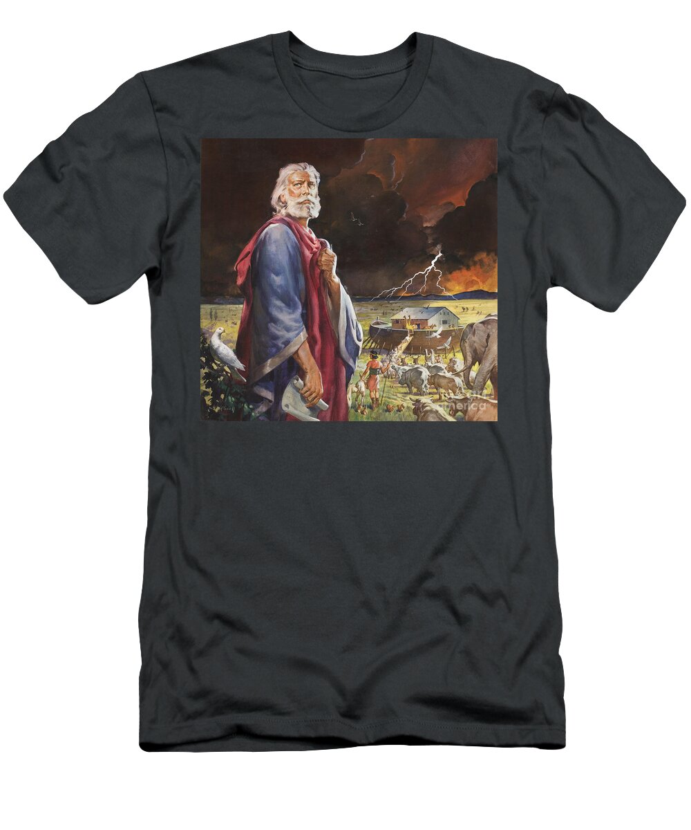 Deluge; Genesis; Flood; Rescue; Animal; Two By Two; Storm; Elephant; Giraffe; Dove; Boat; Land; Fork Lightning; Cloud; Scoll; Chicken; Rhino; Bird; Pair; Great Flood; Bible; Noah; Children's Illustration; Biblical; Scroll; Male T-Shirt featuring the painting Noah's Ark by James Edwin McConnell