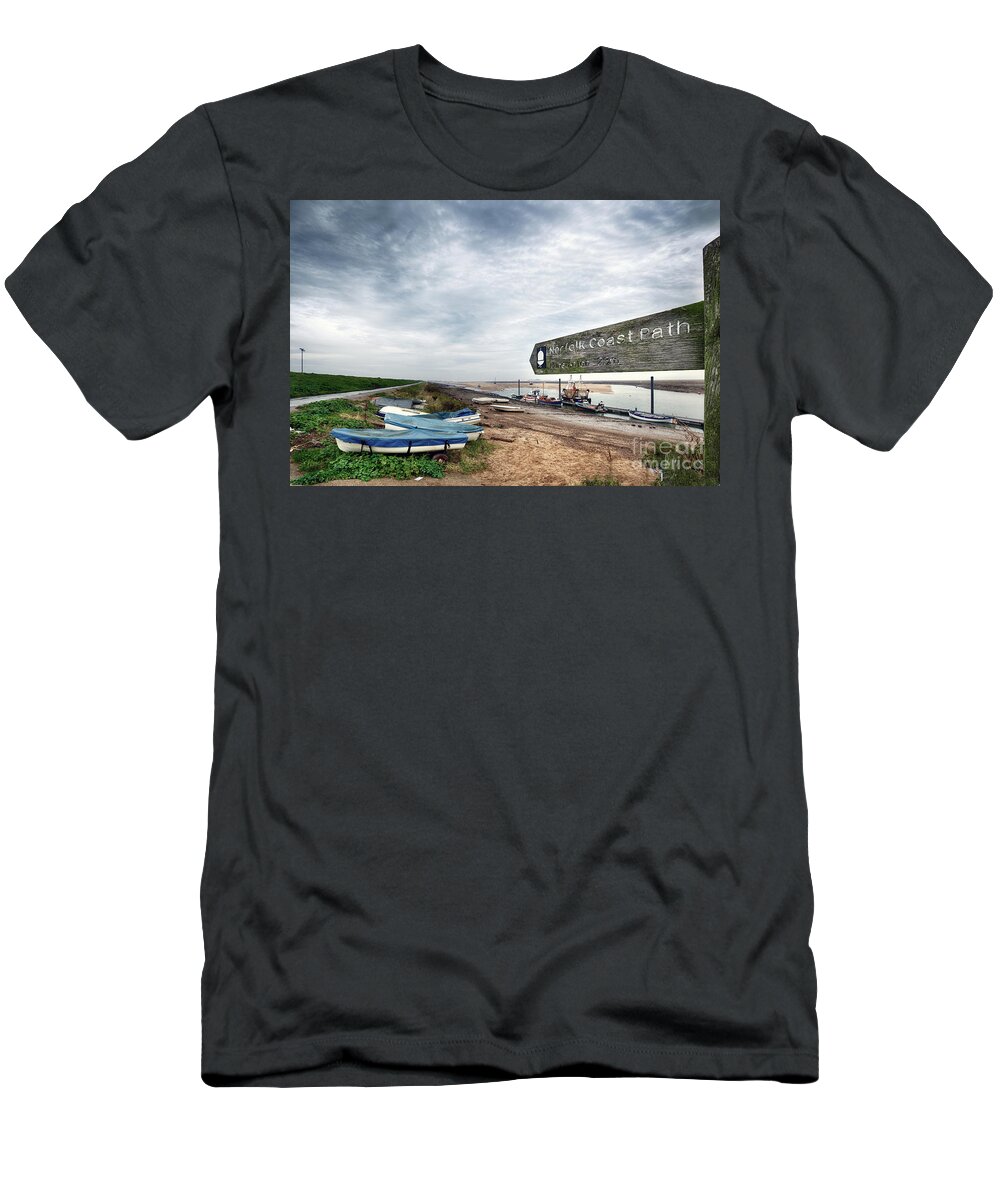 Norfolk T-Shirt featuring the photograph Norfolk coastal path sign and boats by Simon Bratt