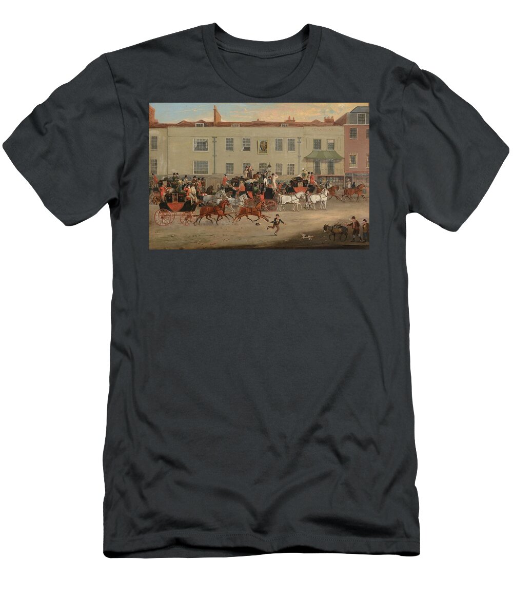Follower Of James Pollard (1792-1867) North Country Mails At The Peacock T-Shirt featuring the painting North Country Mails at The Peacock by James Pollard