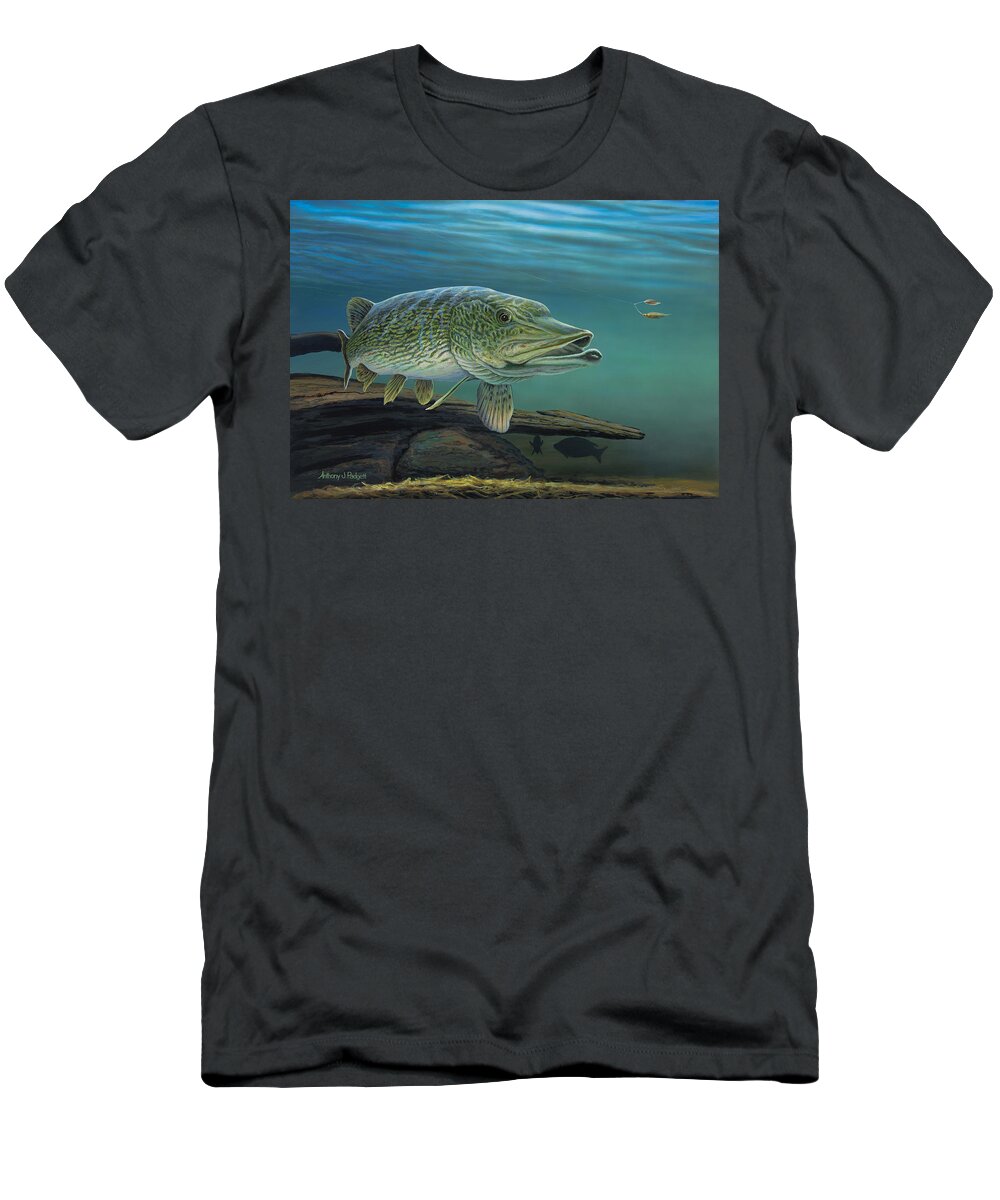 Northern T-Shirt featuring the painting Northern Pike by Anthony J Padgett