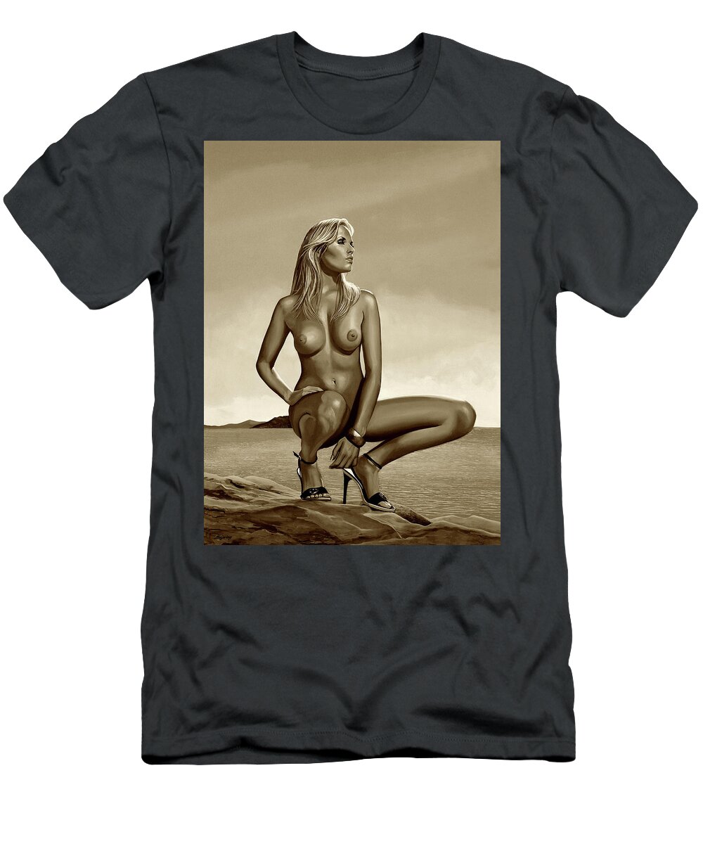Nude Woman T-Shirt featuring the mixed media Nude Blond Beauty Sepia by Paul Meijering