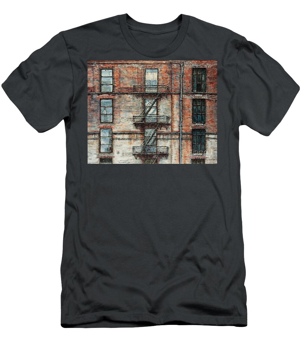 New York T-Shirt featuring the painting N Y C  Apartment On West 28th by Joey Agbayani