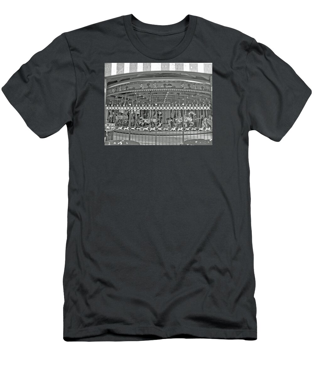 black And White T-Shirt featuring the photograph NYC Central Park Carousel by Barbara McDevitt
