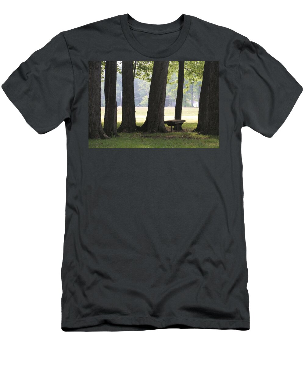 6 Oak Trees T-Shirt featuring the photograph Oak Trees and Bench by Valerie Collins