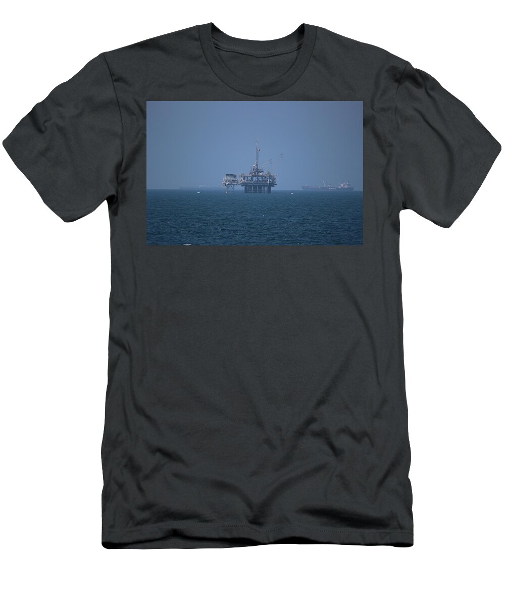Oil Rig T-Shirt featuring the photograph Oil Rig on Pacific in Haze by Colleen Cornelius