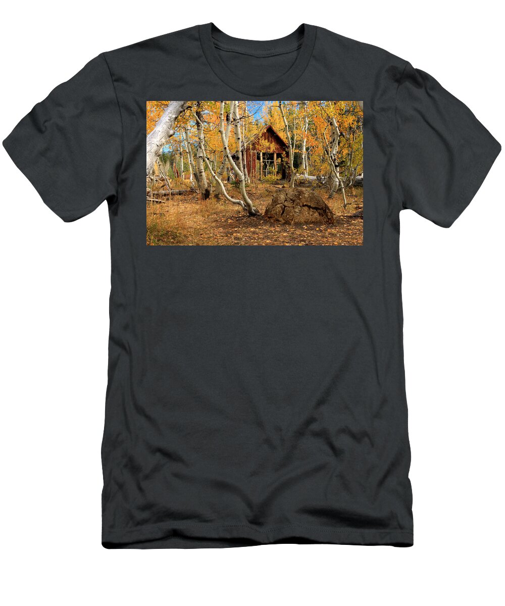 Cabin T-Shirt featuring the photograph Old Cabin In The Aspens by James Eddy