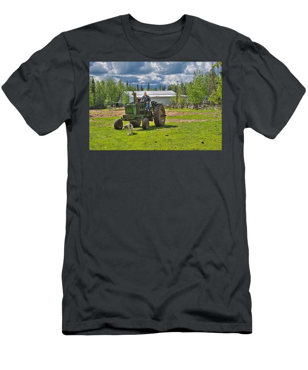 Tractor T-Shirt featuring the photograph Old Farmer Old Tractor Old Dog by Cathy Mahnke