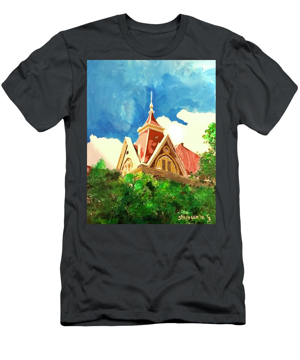 Old Main T-Shirt featuring the painting Old main through the trees by Gary Springer