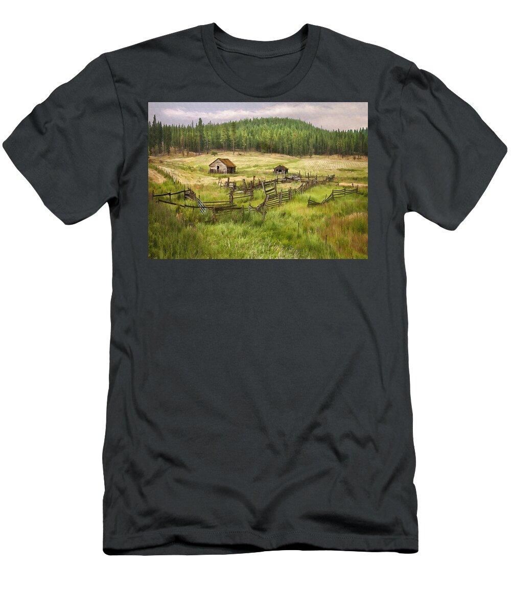 Architecture T-Shirt featuring the digital art Old Montana Homestead by Sharon Foster
