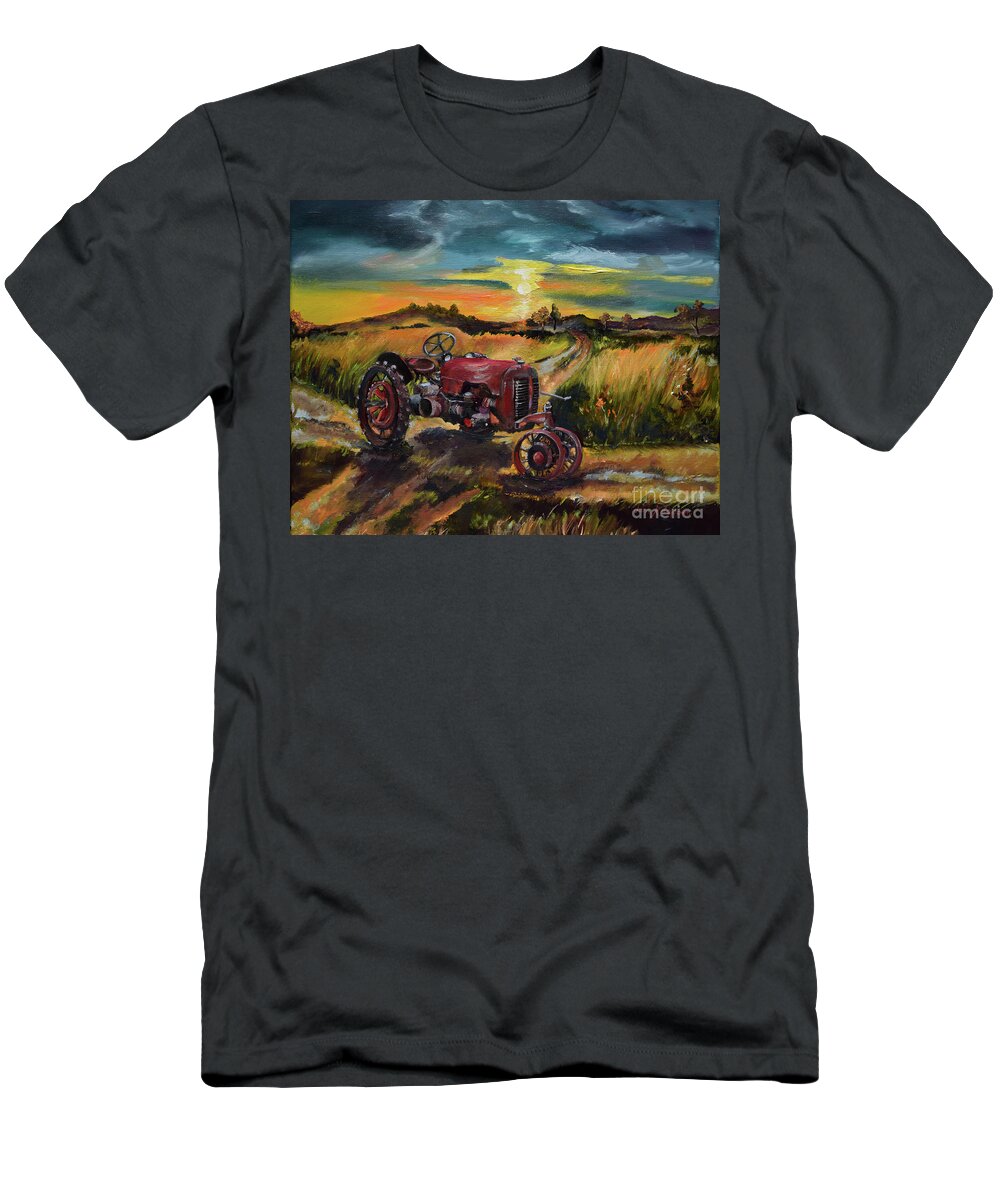 Tractor T-Shirt featuring the painting Old Red at Sunset - Tractor by Jan Dappen