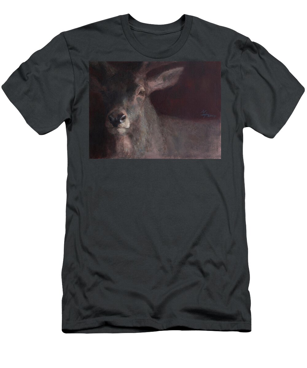 Deer T-Shirt featuring the painting Old Stag by Attila Meszlenyi