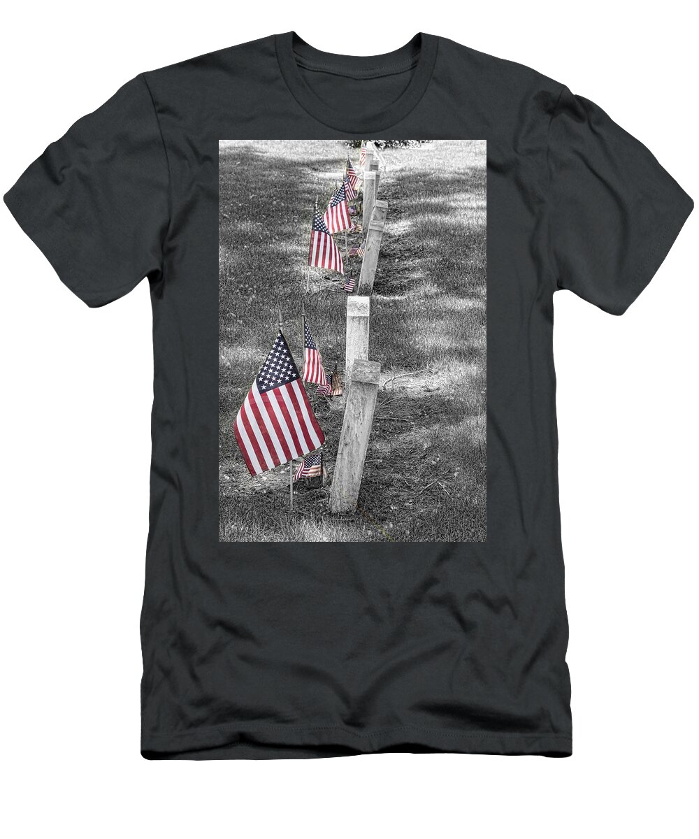 Memorial T-Shirt featuring the photograph Old Tombstones and American Flags by James BO Insogna