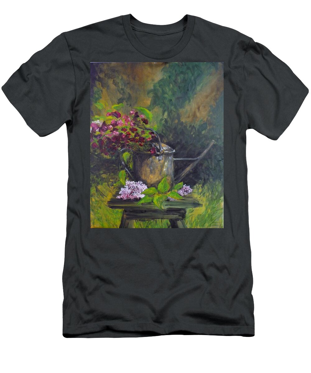 Flowers T-Shirt featuring the painting Old Watering Can by Lizzy Forrester