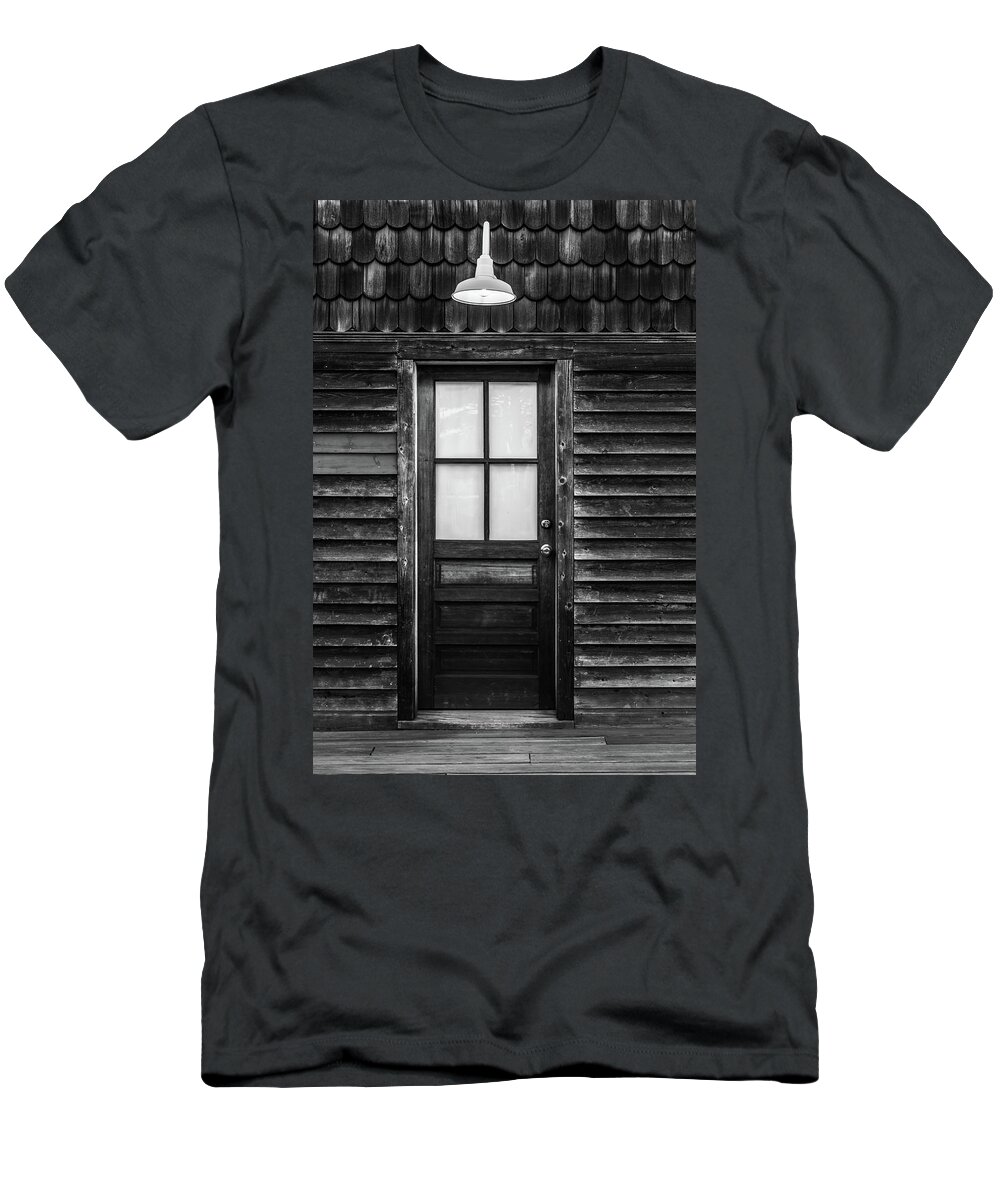 Terry D Photography T-Shirt featuring the photograph Old Wood Door and Light Black and White by Terry DeLuco