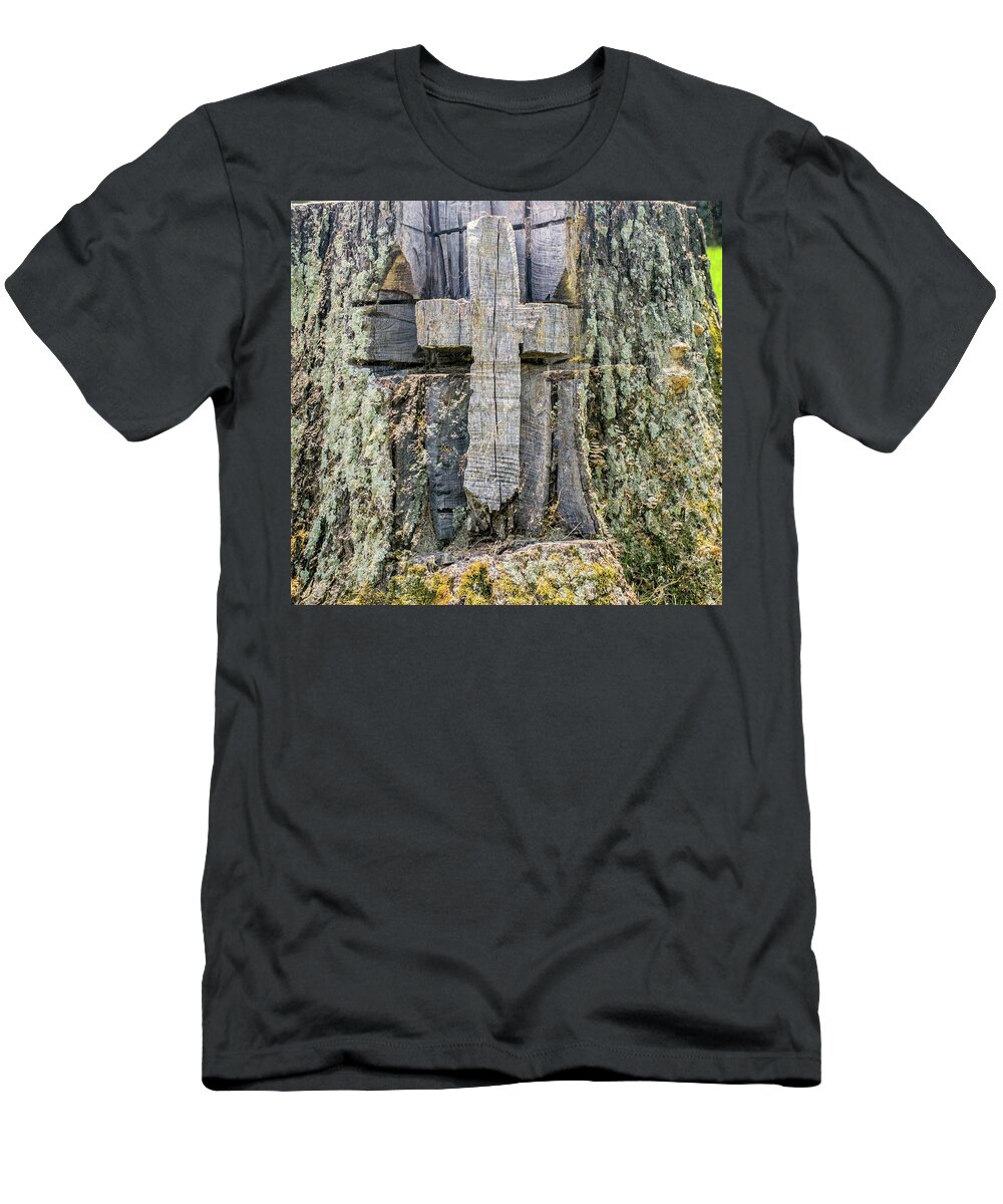Old T-Shirt featuring the photograph Old Wooden Cross Carved in Stump by Douglas Barnett