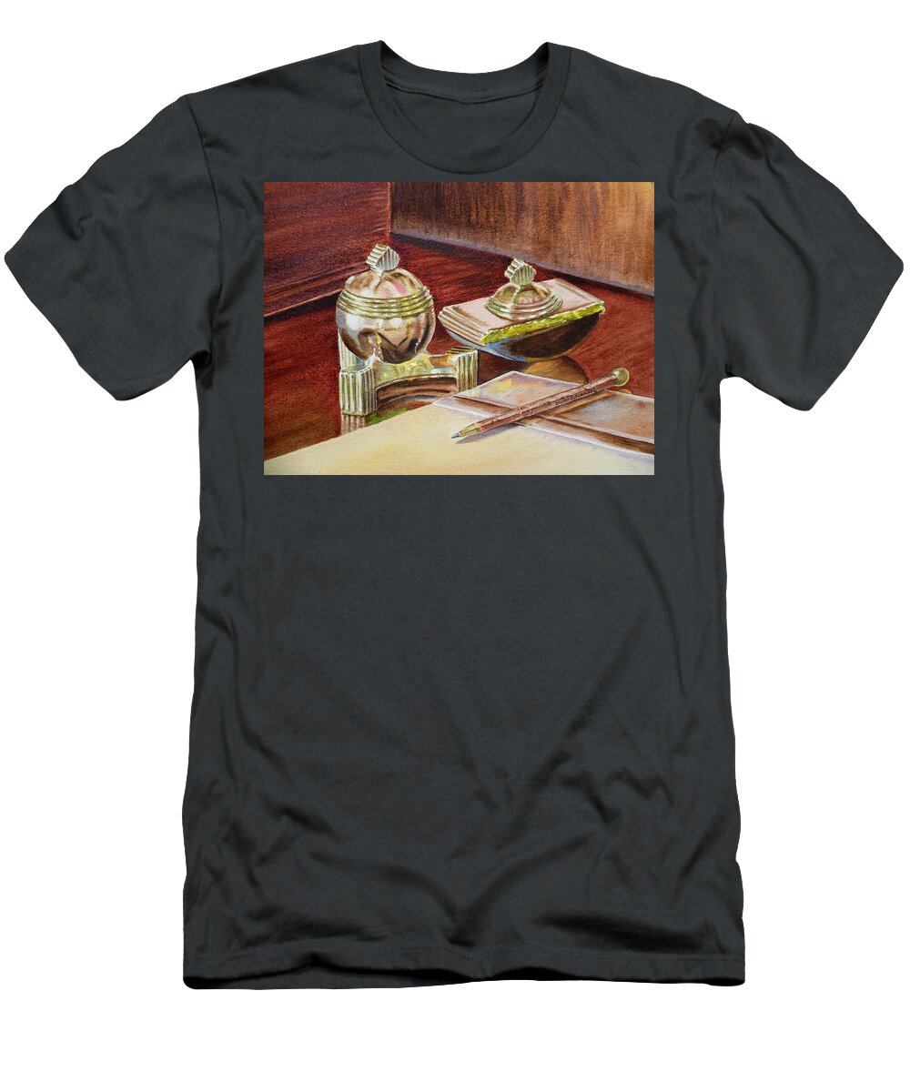 Tao T-Shirt featuring the painting On A Desk at Eugene O Neill Tao House by Irina Sztukowski