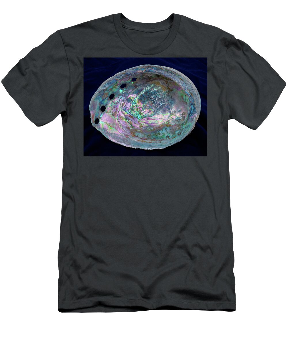 Abalone T-Shirt featuring the photograph Opalescent Abalone Seashell on Blue Velvet by Kathy Anselmo