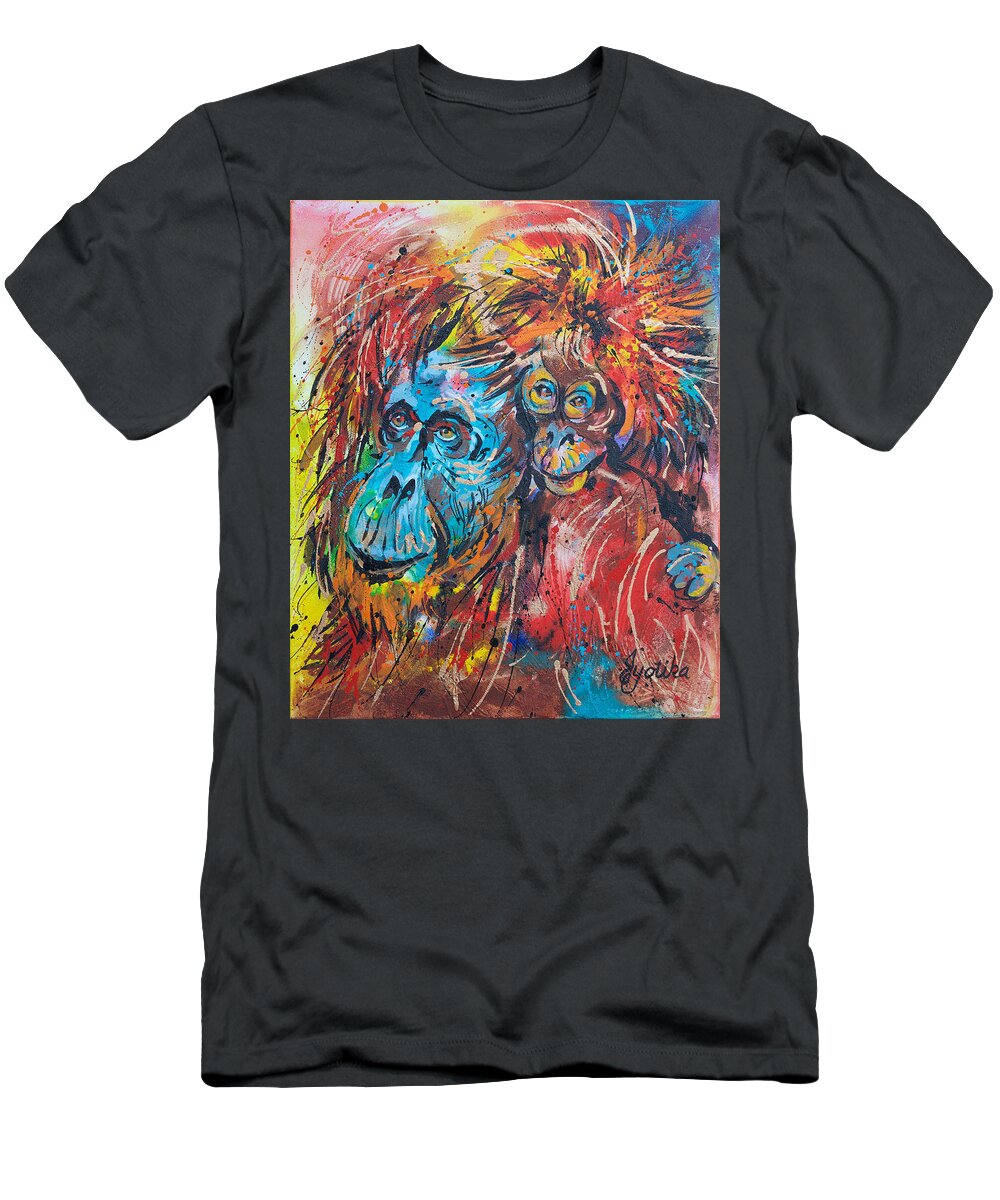 Orangutan Mother And Baby T-Shirt featuring the painting Orangutan Joyful Ride by Jyotika Shroff