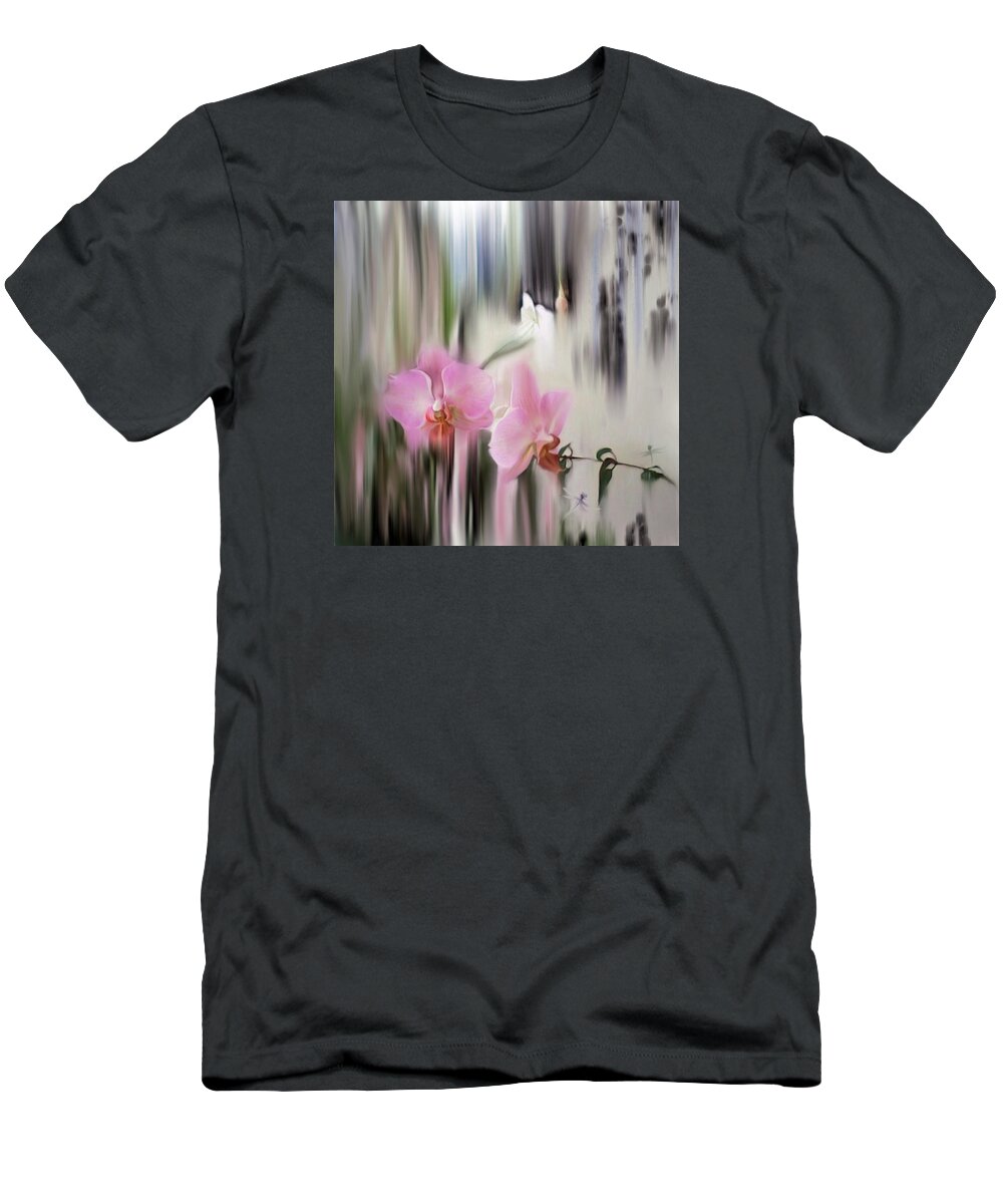 Orchids T-Shirt featuring the digital art Orchids with dragonflies by Sand And Chi