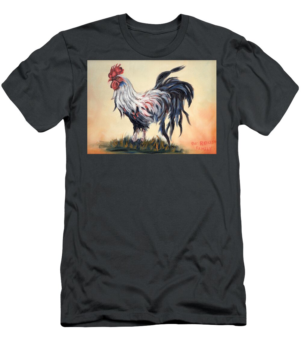 Roosters T-Shirt featuring the painting Our Rooster Family by Theresa Cangelosi