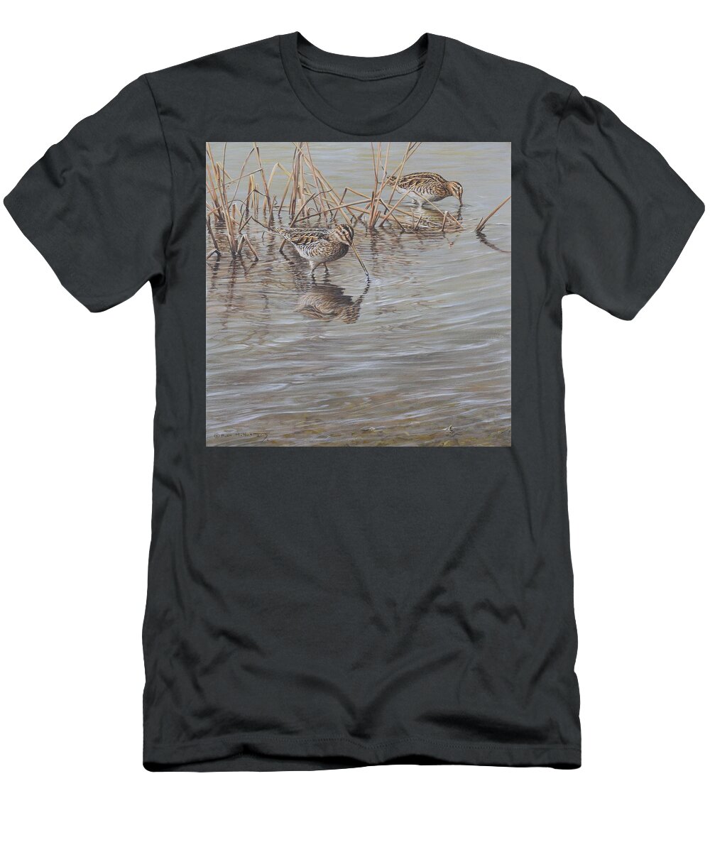 Wildlife Paintings T-Shirt featuring the painting Pair of Snipe by Alan M Hunt