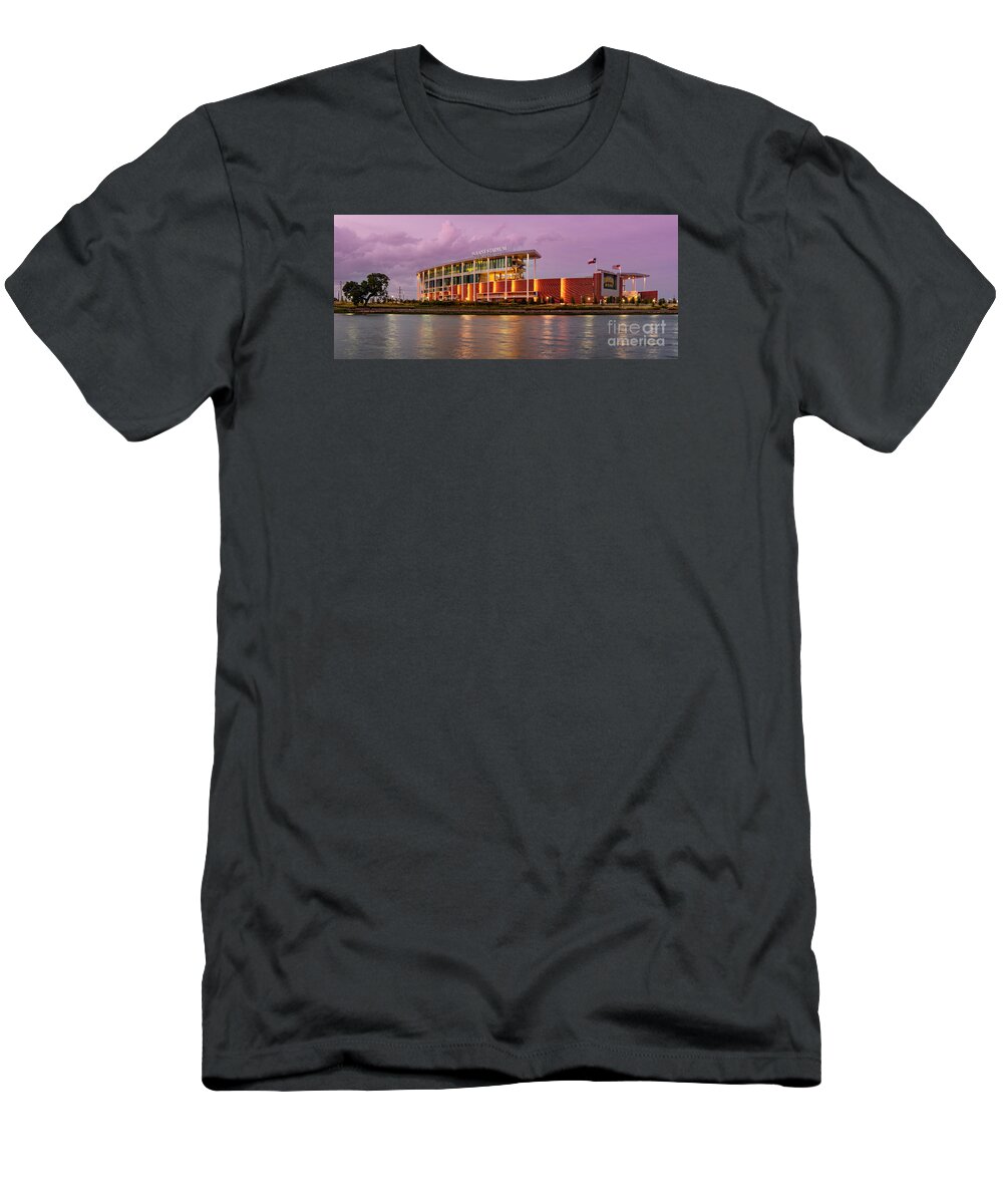 Drayton T-Shirt featuring the photograph Panorama of McLane Stadium at Twilight - Brazos River Baylor University Waco Texas by Silvio Ligutti