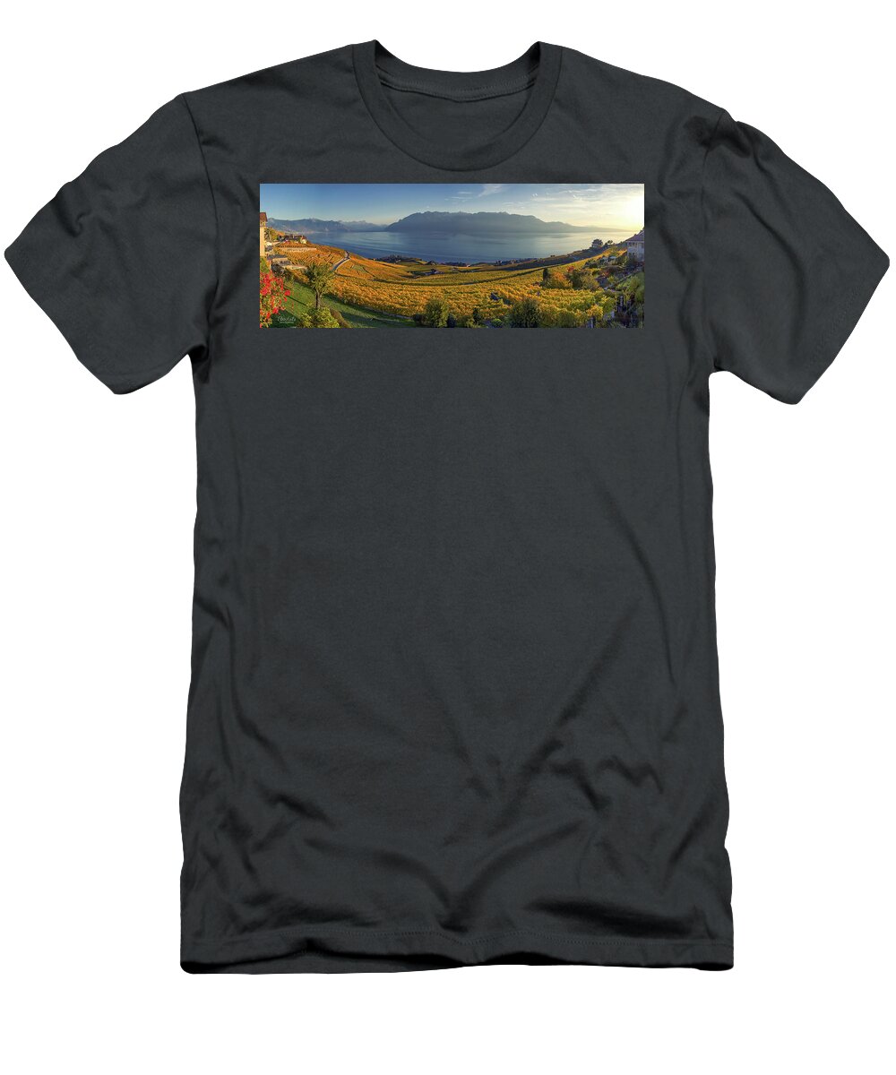 Vineyard T-Shirt featuring the photograph Panorama on Lavaux region, Vaud, Switzerland by Elenarts - Elena Duvernay photo
