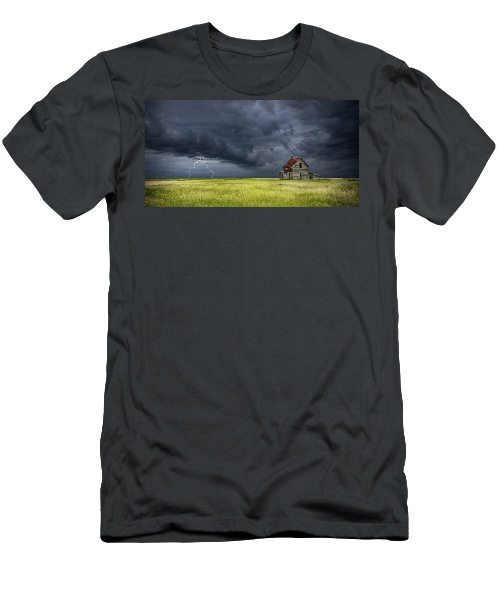 Art T-Shirt featuring the photograph Panorama Photograph of a Thunderstorm on the Prairie with abandoned farmhouse by Randall Nyhof