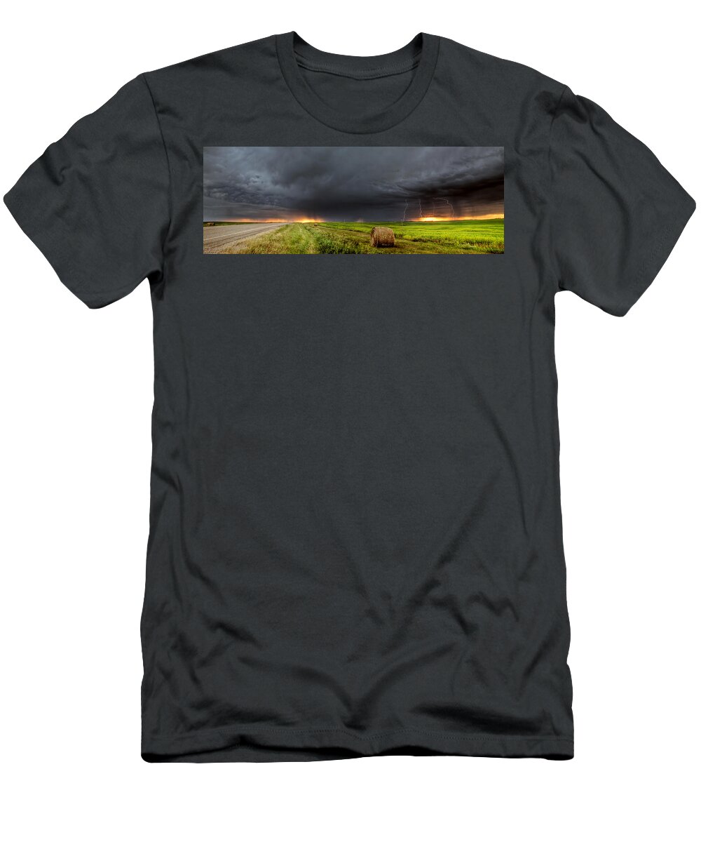  T-Shirt featuring the digital art Panoramic Lightning Storm in the Prairies by Mark Duffy