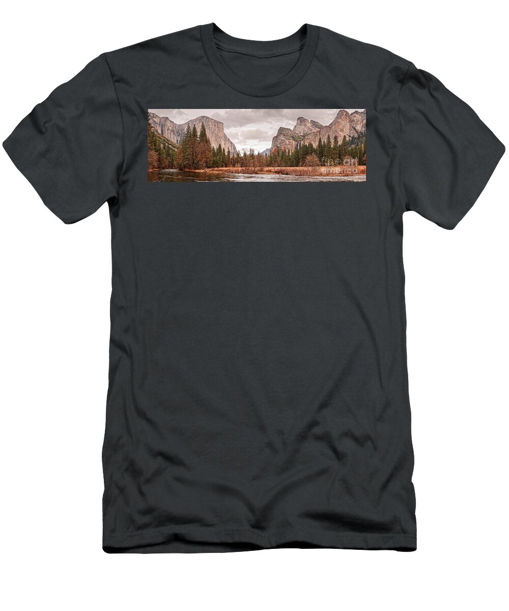Yosemite T-Shirt featuring the photograph Panoramic View of Yosemite Valley from Bridal Veils Falls Viewing Point - Sierra Nevada California by Silvio Ligutti