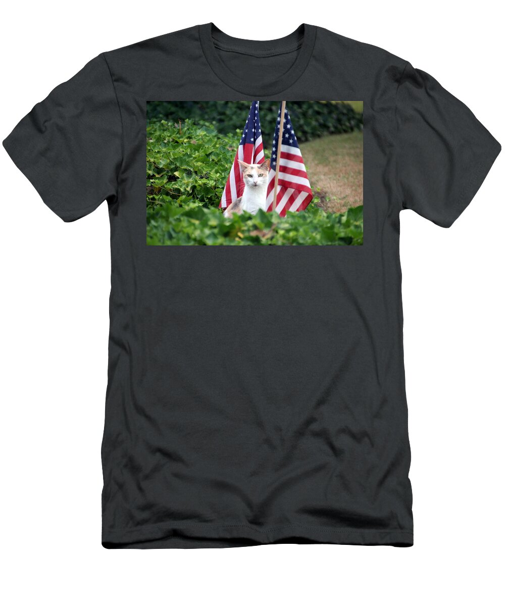 White Cat With Sandy-colored Spots T-Shirt featuring the photograph Patriotic Cat by Valerie Collins