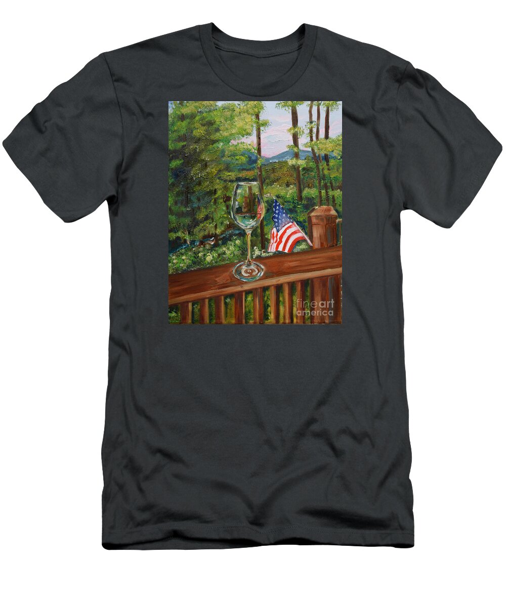 American Flag T-Shirt featuring the painting Star Spangled Wine - Fourth of July - Blue Ridge Mountains by Jan Dappen
