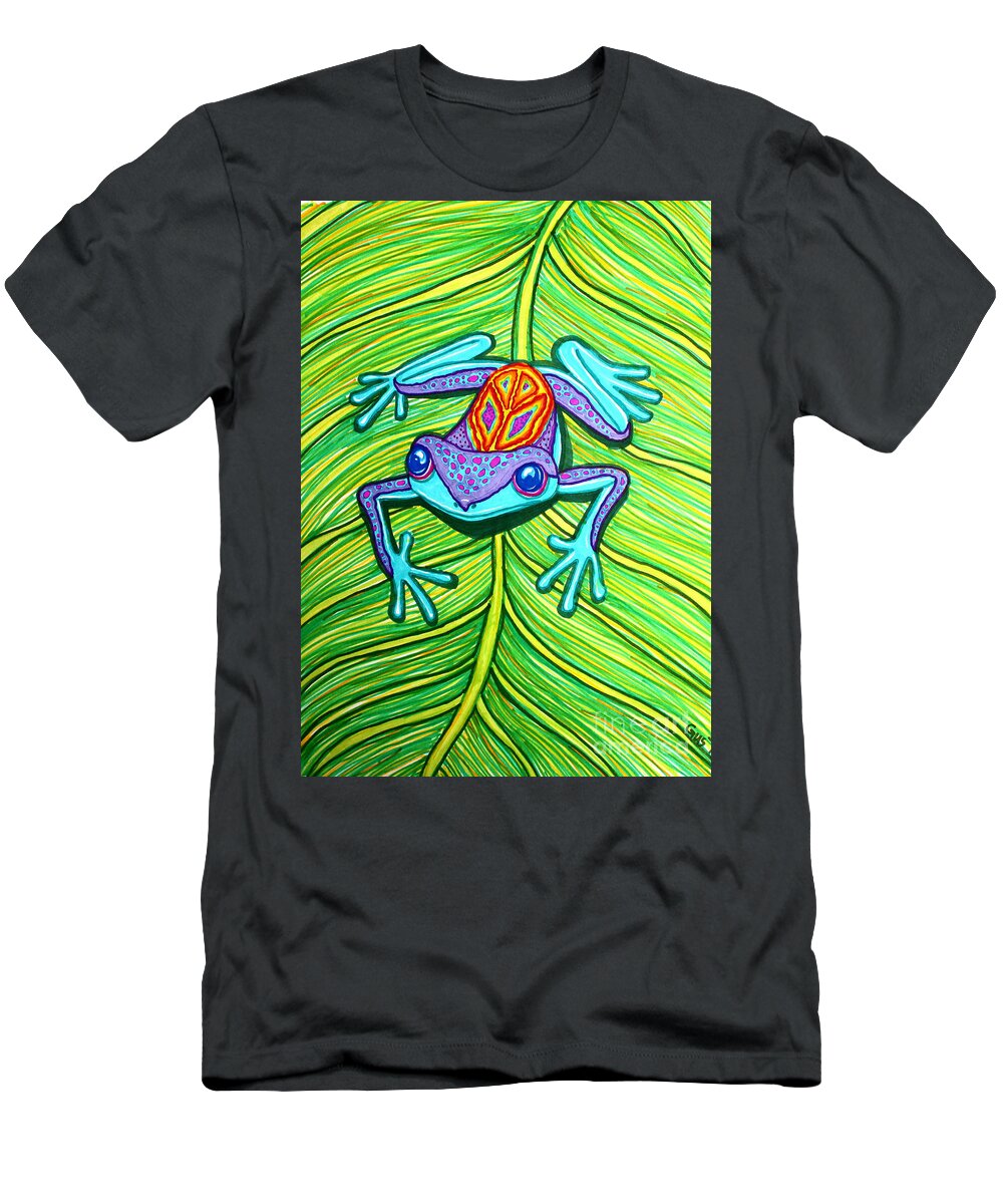 Peace Frog T-Shirt featuring the drawing Peace frog on a leaf by Nick Gustafson