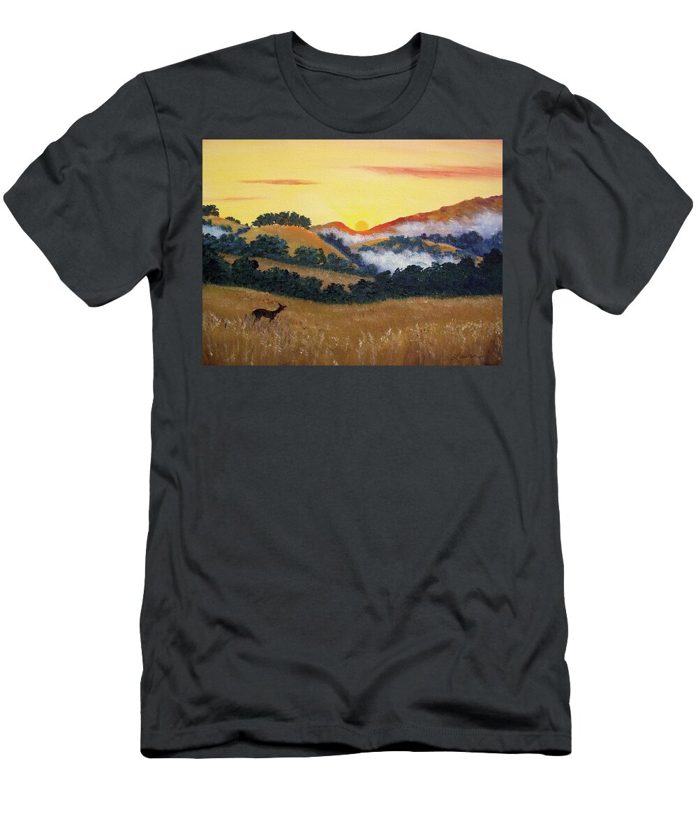 Deer T-Shirt featuring the painting Peaceful Sunset at Fremont Older by Laura Iverson