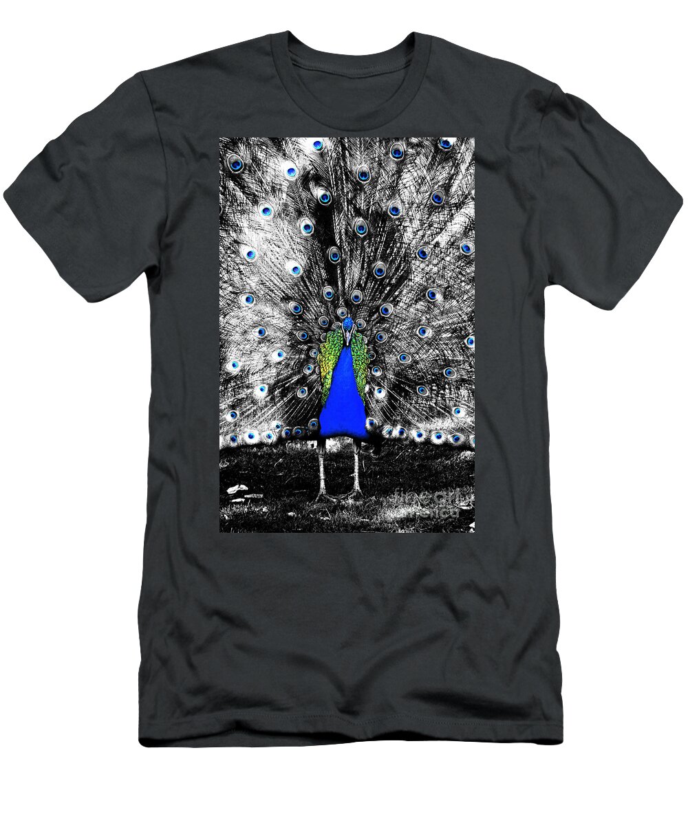 Peacock T-Shirt featuring the digital art Peacock Plumage Color Splash Selective Color Ink Outlines Digital Art by Shawn O'Brien