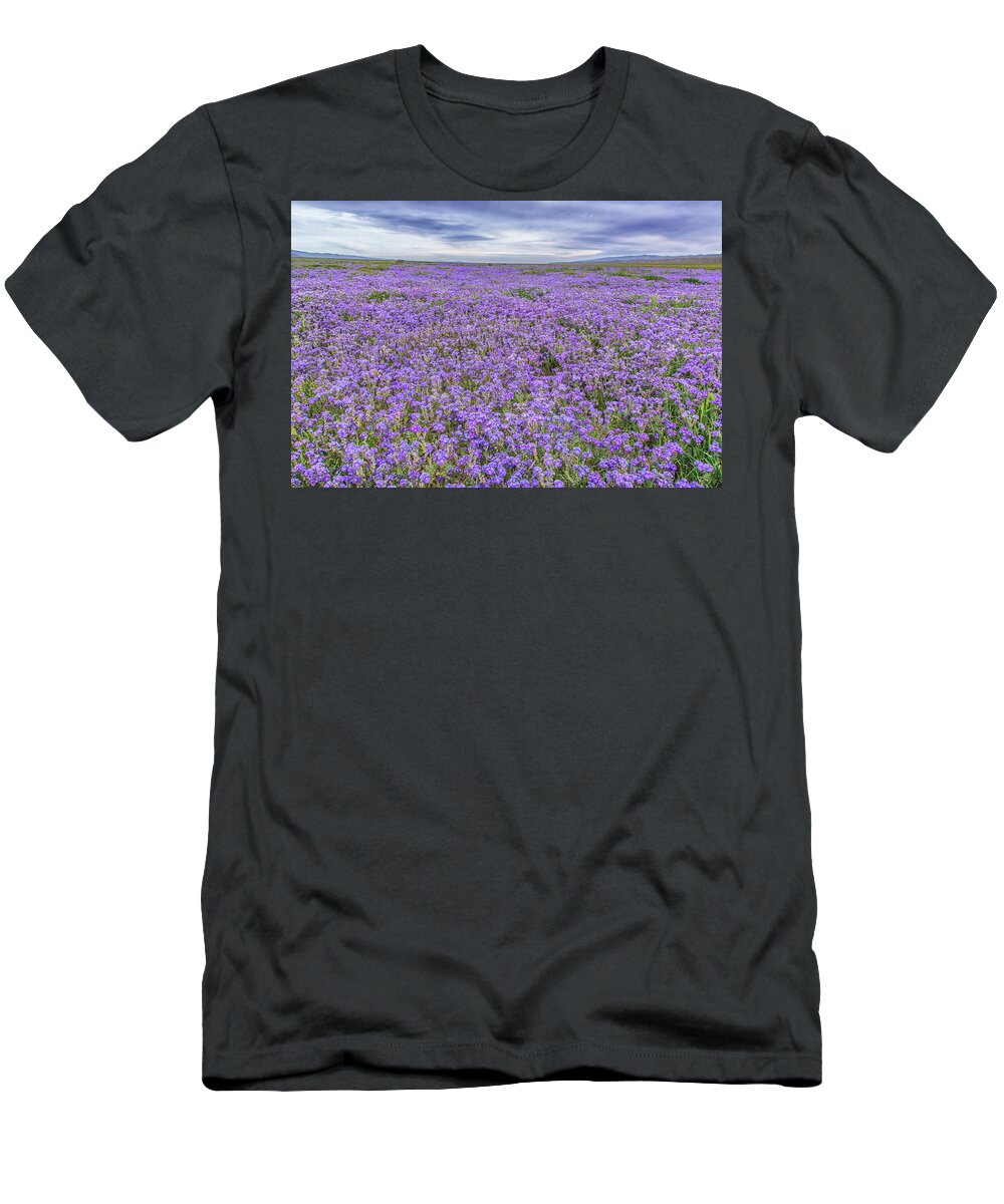 California T-Shirt featuring the photograph Phacelia Field and Clouds by Marc Crumpler