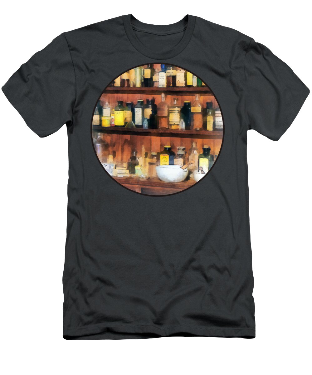Druggist T-Shirt featuring the photograph Pharmacist - Mortar Pestles and Medicine Bottles by Susan Savad