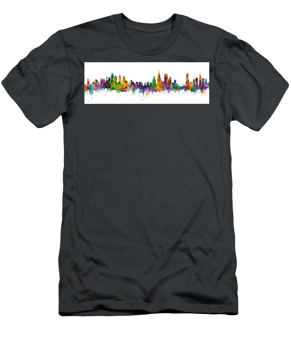 Chicago T-Shirt featuring the digital art Philadelphia and Chicago Skylines Mashup by Michael Tompsett